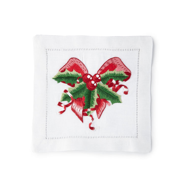 Holly Wreath Holiday Cocktail Napkins 6x6 (Set of 4) - Loro Lino Fine Linens